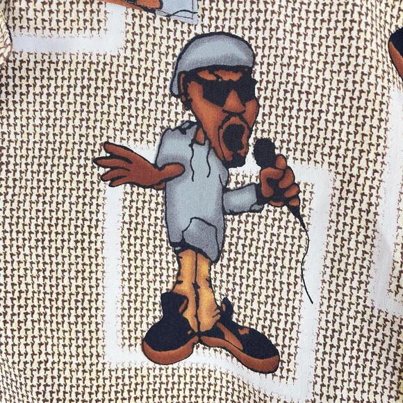 Seals Shirt Mens XL Brown Tan Rapper Hip Hop Print Button Front Camp Hawaiian - Picture 2 of 13